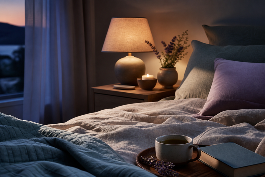 床头灯、书本和茶杯组成的舒适睡眠环境